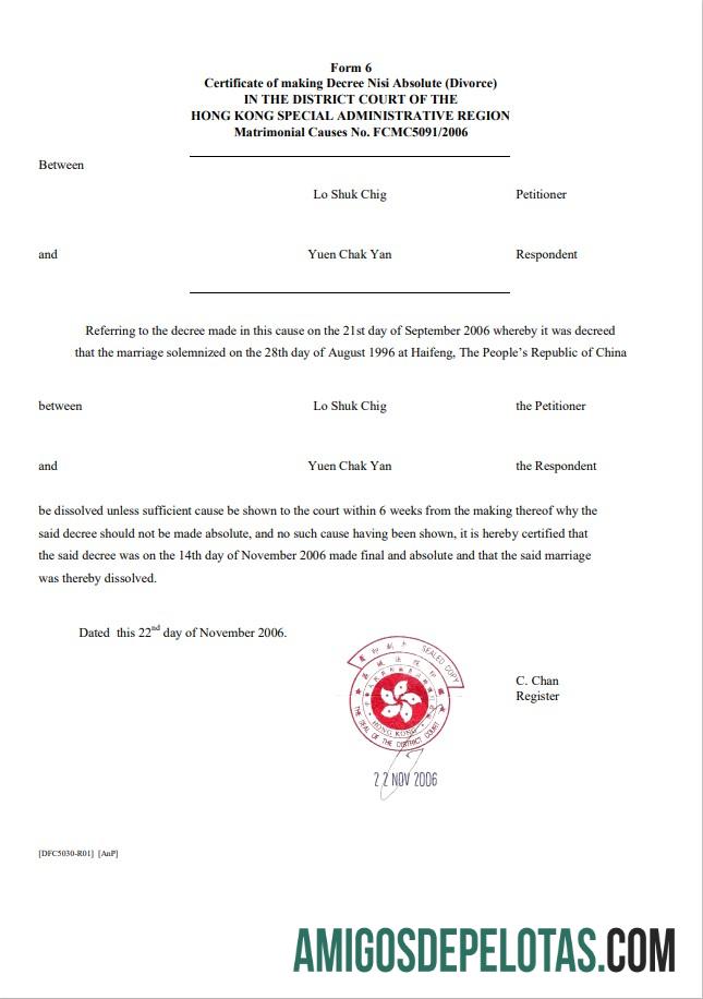Realista modelo de certificado de divórcio de Hong Kong em formato Word e PDF GRATUITO